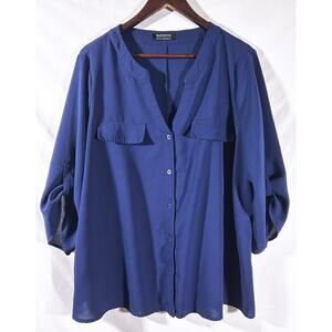 Bloomchic Women's 14/16 Navy Blue V-Neck Roll Tab Sleeve Flowing Blouse